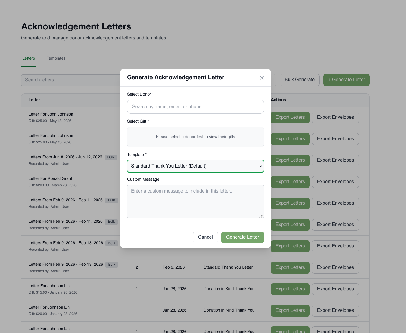 Acknowledgement Letter Custom Message